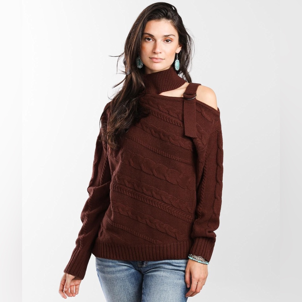 Daytrip Chocolate Brown Cable Knit Sweater with Shoulder Cutout and Buckle